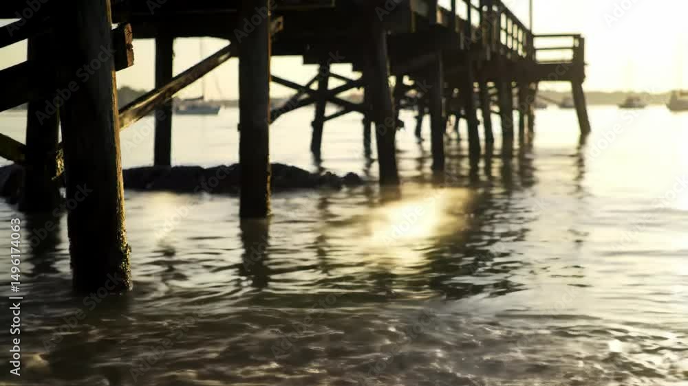 Ocean pier at sunset with reflective water and soft light, peaceful seascape backdrop Ocean pier at sunset with reflective water and soft light, peaceful seascape backdrop