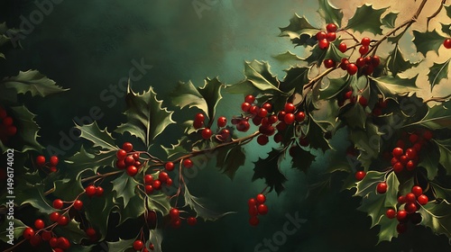Detailed illustration of holly berries and leaves.