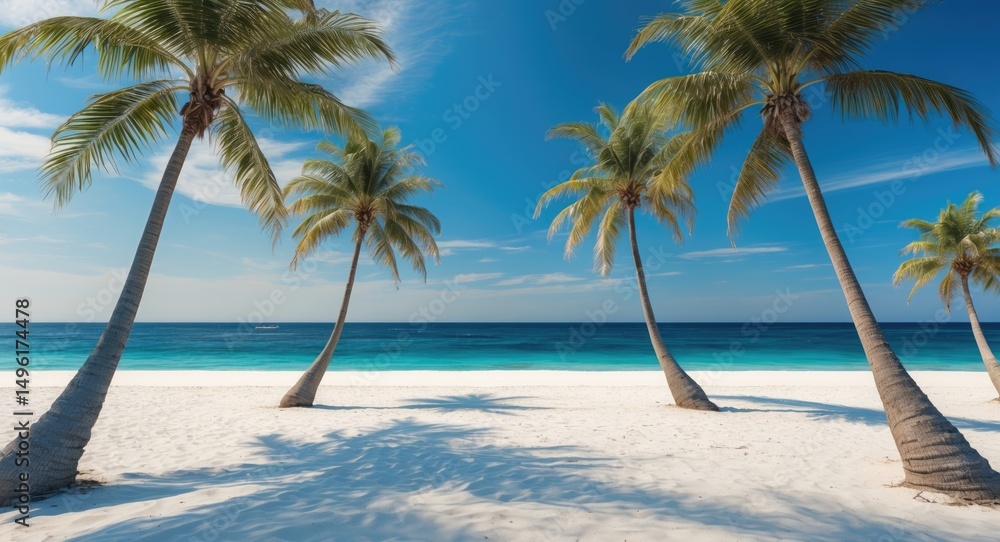Obraz premium Blue sea and white sand palm trees on a beach with empty copy space for text