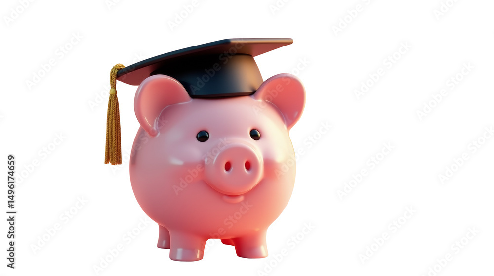 3D Illustration of a Smiling Pink Piggy Bank with a Glossy Surface Wearing a Realistic Black Graduation Cap 3D Illustration of a Smiling Pink Piggy Bank with a Glossy Surface Wearing a Realistic Black Graduation Cap