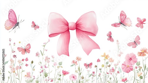 Fototapeta Naklejka Na Ścianę i Meble -  Pink Watercolor Butterflies Floral Bow Meadow Pretty Delicate Romantic Spring Summer Cute Pastel Elegant Feminine Gentle Soft Baby Girl Nursery Design Illustration art card image  