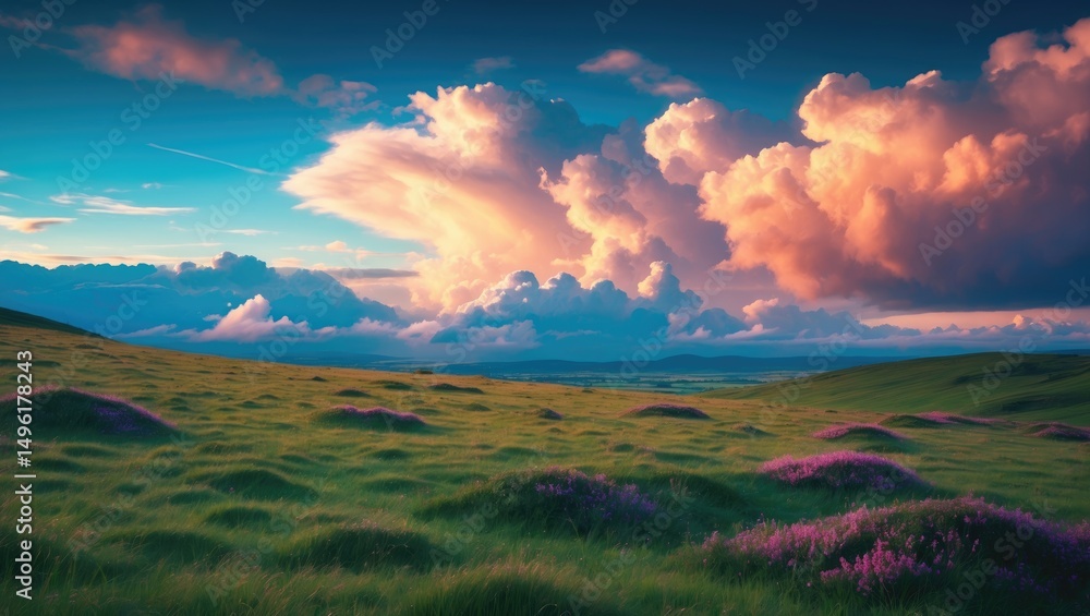 Fototapeta premium Skyline, Cloudscape And Meadow In Highland with vibrant clouds and a lush green landscape.