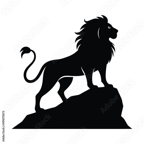 Roaring Lion Standing Atop Rock Vector Silhouette on White Background