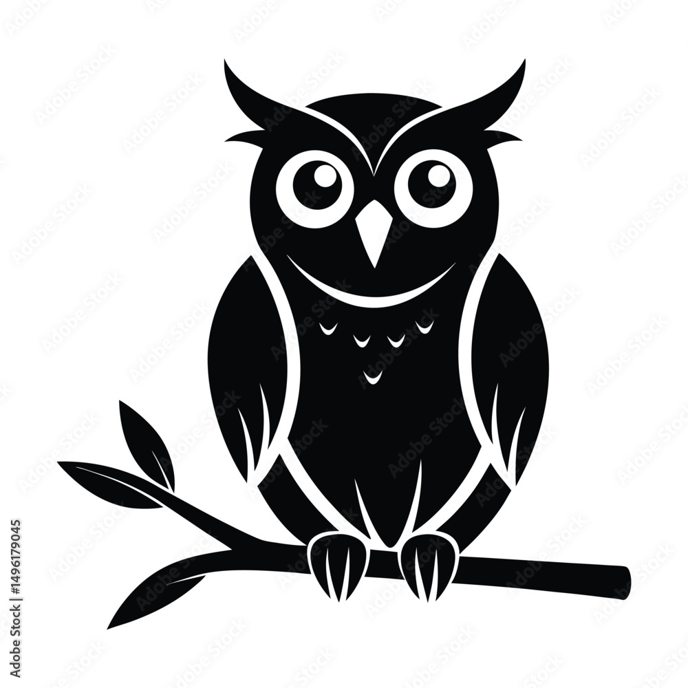 Fototapeta premium Owl Perched on a Branch Vector Silhouette on White Background