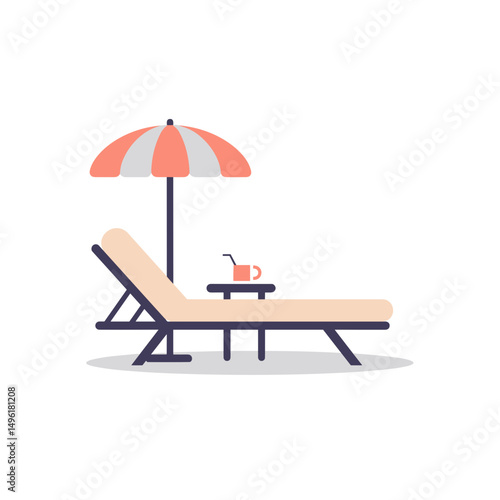 Sunbed by the pool with umbrella and drink on a sunny day  