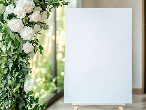 blank wedding welcome vertical sign with floral decorations in modern outdoor setting, white screen paper art painted vertical canvas mockup, park forest background with floral wedding setting