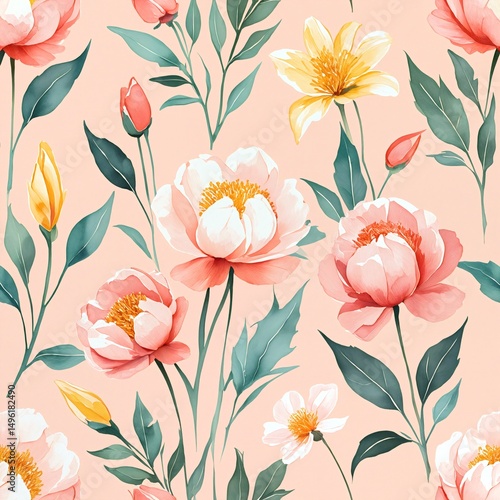 Wallpaper Mural seamless floral pattern of pink and yellow peonies on light background for wallpaper or fabric Torontodigital.ca