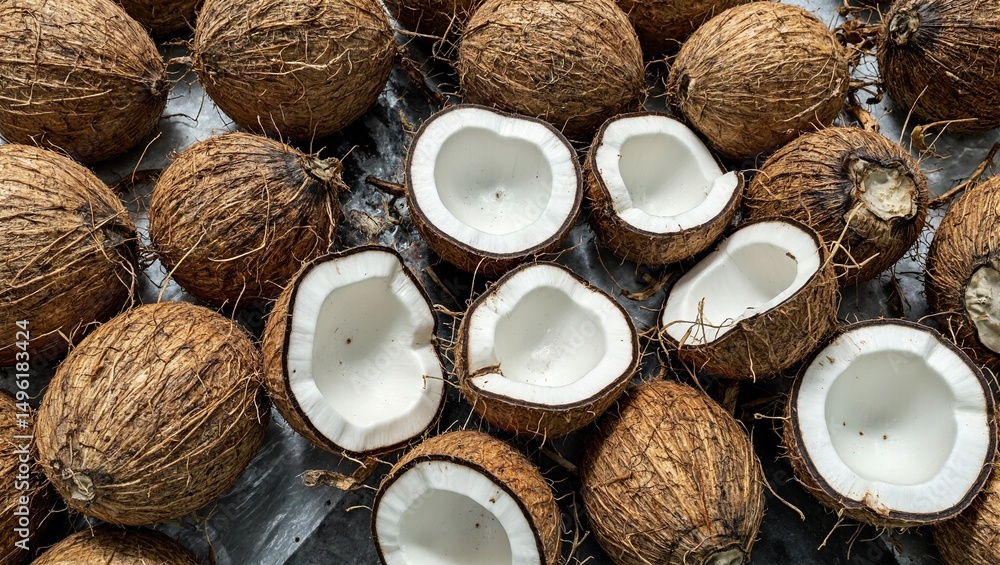 Fresh halved coconuts draining on a conveyor belt A unique angle showcasing their fibrous shells and tropical essence