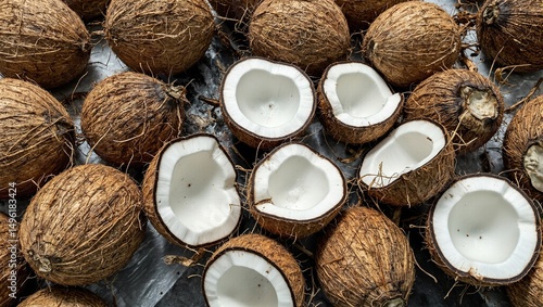 Obraz na płótnie Fresh halved coconuts draining on a conveyor belt A unique angle showcasing their fibrous shells and tropical essence w salonie