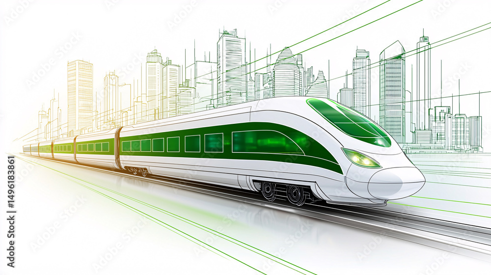Naklejka premium A futuristic high speed train travels through a modern city skyline showcasing innovation and technology.