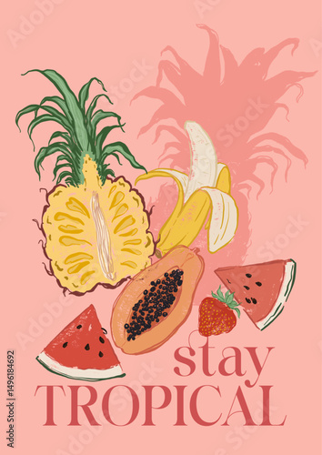 Vector berry poster of papaya, banana and pineapple. Hand-drawn garden harvest sketch. Tasty food illustration for restaurant and cafe interior, fruit market drawing print, fabric or background.