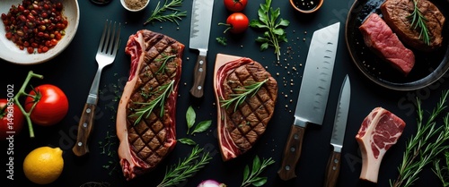 Wallpaper Mural Vintage Kitchenware Kitchen Utensils Meat Fork, Butcher Cleaver, and Herbs Knife arranged with ingredients for grilling steak on a dark backdrop. Space available for text, top view. Torontodigital.ca