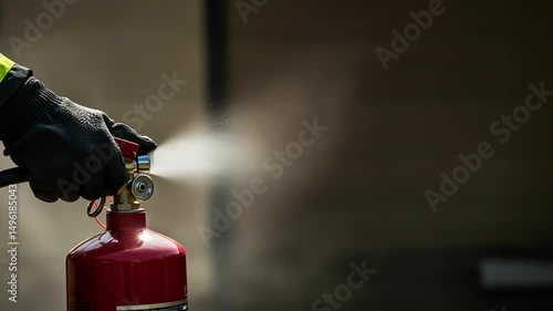 Closeup of a person's hand using a fire extinguisher spray
with a spreading foam