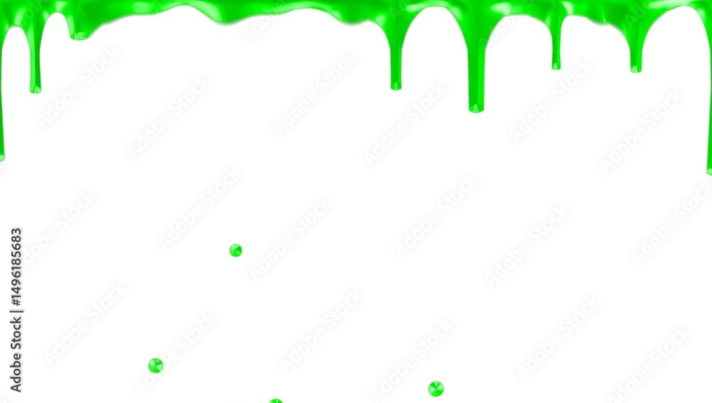 Bright green dripping slime hanging from top edge with glossy drops suspended in mid-air on pure white background. Concept of horror, slime effect and toxic liquid visual , animation loop
