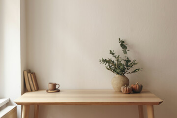 Autumn interior still life. Vase with eucalyptus, olive tree branches, pumpkins. Cup of tea, coffee, books. Wooden table at window. Home office. Minimal Scandi interior. Empty white wall background.