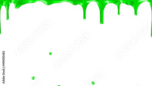 Bright green dripping slime hanging from top edge with glossy drops suspended in mid-air on pure white background. Concept of horror, slime effect and toxic liquid visual , animation loop
