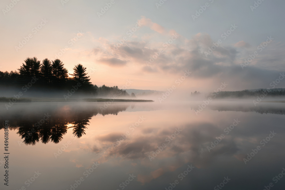 Fototapeta premium serene dawn over tranquil lake with soft pastel colors illuminating sky