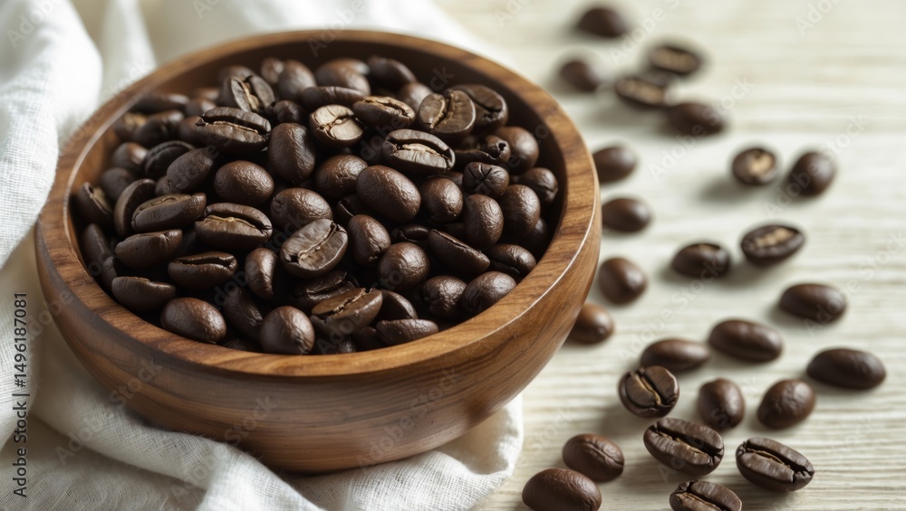 Fototapeta premium A wooden bowl filled with Golden Earth Espresso Beans, scattered across a white linen cloth. The beans are shiny and dark, with a rich, glossy finish. The background should be a soft, light beige
