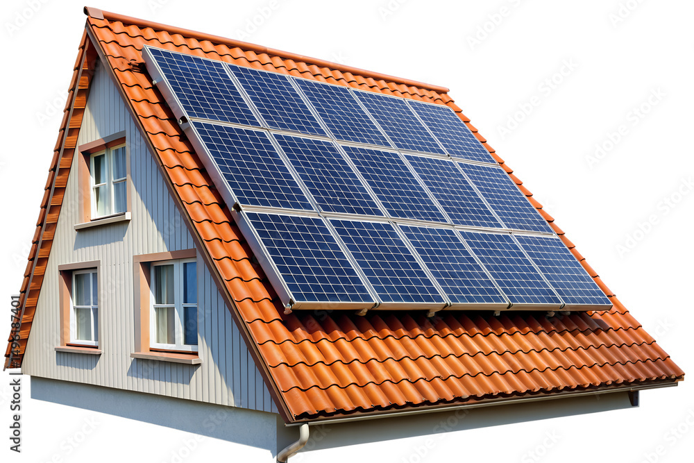 Fototapeta premium solar panels on a roof isolated on white background. PNG Transparent file type with high definition quality And vibrant color grading Available.