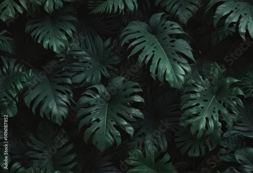 Intricate dark green & black tropical leaves, abstract design, exotic pattern, pattern design