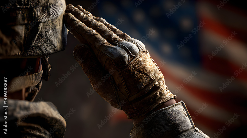 3D close-up of soldier?s hand saluting, American flag in background, ultra high resolution 3D close-up of soldier?s hand saluting, American flag in background, ultra high resolution