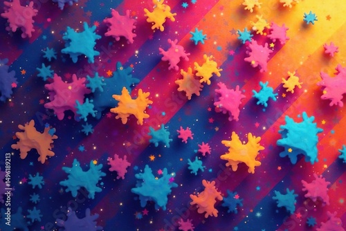 Geometric abstract shapes, vibrant colors, endless repeat , surface, trendy, bold