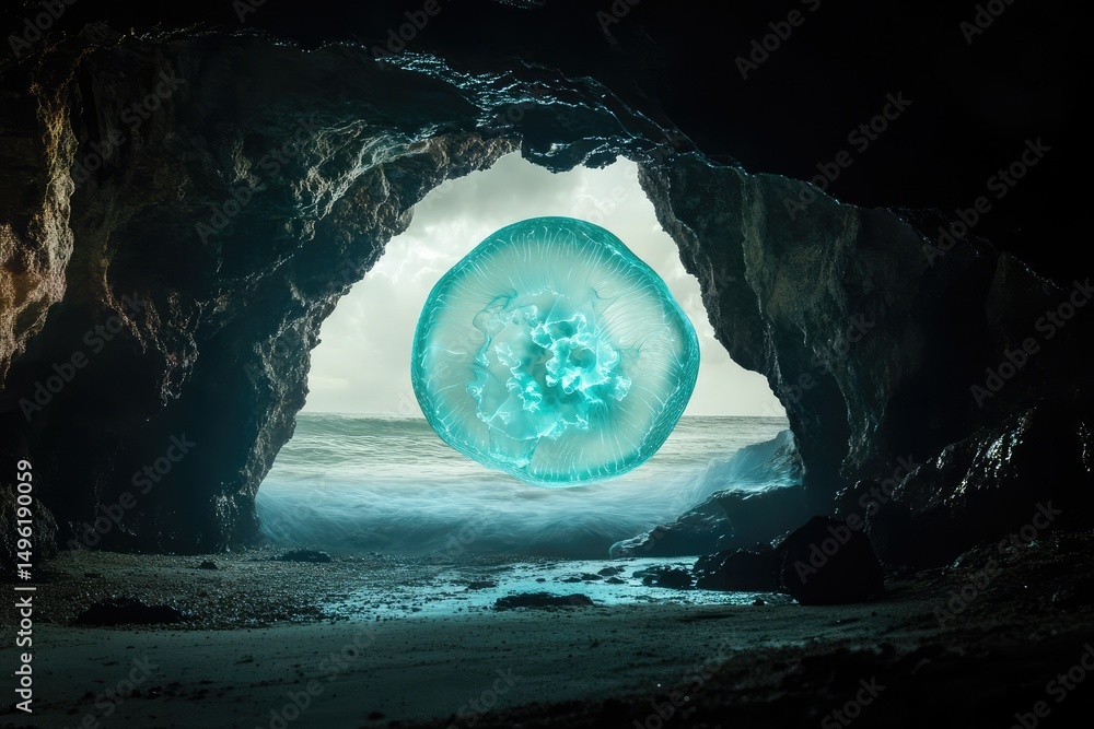 Fototapeta premium A luminous orb floats in the ocean, viewed from a dark cave entrance, creating a mystical scene.