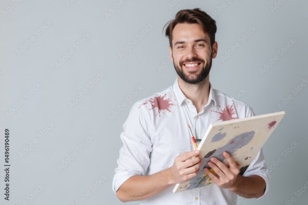 Smiling man holding an art canvas with paint stains on shirt Smiling man holding an art canvas with paint stains on shirt