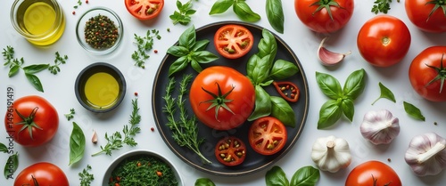 Fresh Summer Spicy Herbs And Spices For Diet. Banner. Tomato, Green Basil, Olive Oil, Garlic And Other. Vegan Healthy Food On White Background. Cooking Concept, Top View. With Empty Copy Space For ...