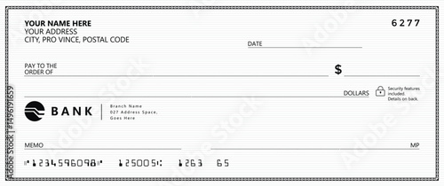 Bank check, vector blank money cheque, checkbook template with guilloche pattern and fields. Currency payment coupon, money check background