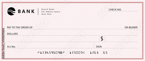 Red Bank check, vector blank money cheque, checkbook template with guilloche pattern and fields. Currency payment coupon, money check background	