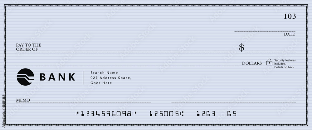 Bank check, vector blank money cheque, checkbook template with guilloche pattern and fields. Currency payment coupon, money check background Bank check, vector blank money cheque, checkbook template with guilloche pattern and fields. Currency payment coupon, money check background