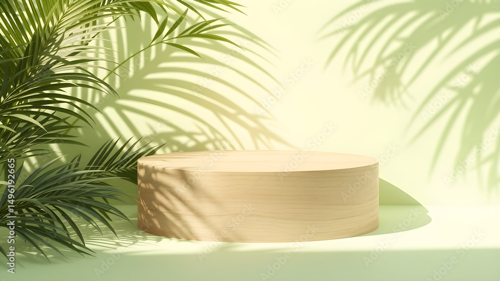 Elegant Wooden Podium with Tropical Palm Leaves and Sunlight Shadows Elegant Wooden Podium with Tropical Palm Leaves and Sunlight Shadows