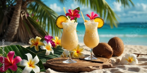 Fototapeta Naklejka Na Ścianę i Meble -  Traditional Caribbean exotic tropical cocktail drink Pina Colada in glasses with flowers, palm leaf, coconut, and tropical beach picnic background with empty copy space for text