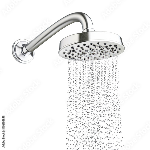Shiny chrome shower head with water flowing downward on transparent background