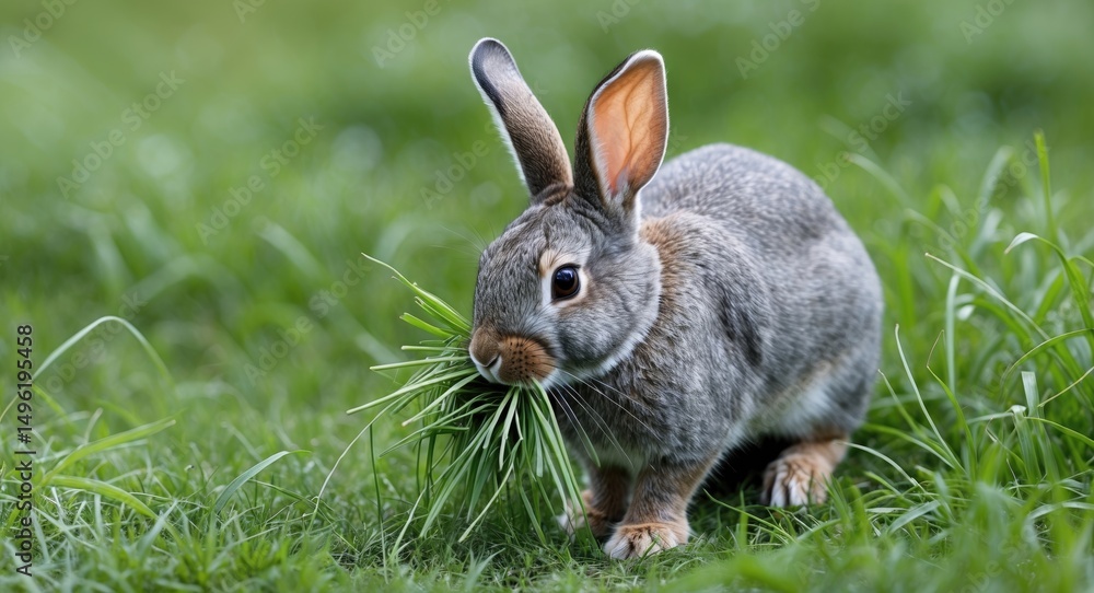 Fototapeta premium Gray Rabbit Moves Across The Grass While Eating Fresh And Green Grass