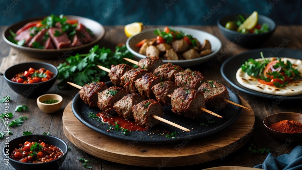 The Concept Of Cuisine. Juicy Lula Kebab Made From Meat And Spices. Serving Dishes In A Restaurant On A Pita, On A Wooden Board. Copy Space, Background Image. With Empty Copy Space For Text The Concept Of Cuisine. Juicy Lula Kebab Made From Meat And Spices. Serving Dishes In A Restaurant On A Pita, On A Wooden Board. Copy Space, Background Image. With Empty Copy Space For Text