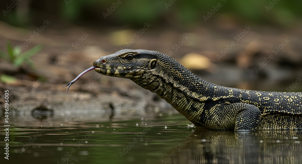 Naklejka premium Water monitor, Monitor lizard, Lizard, Water Monitor Lizard in a Pond