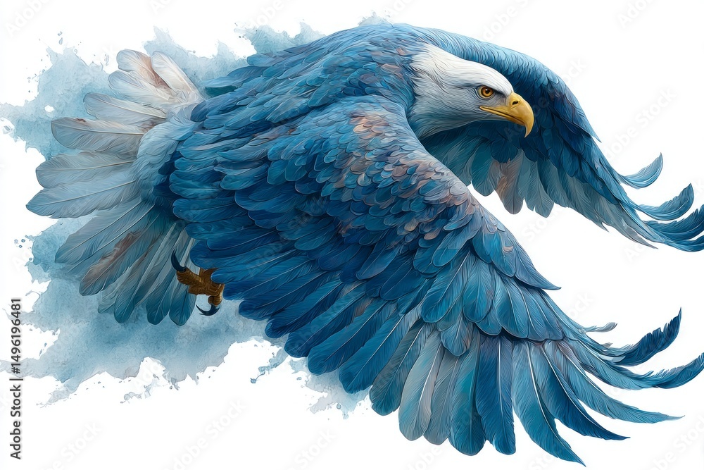 Obraz premium Soaring Blue Feathered Bird with Detailed Plumage and Dynamic Wingspan