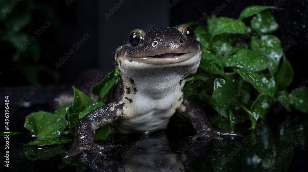 Fototapeta premium Close-up of a Black and White Frog Amidst Green Foliage