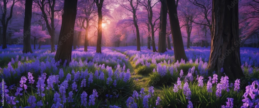 Obraz premium Beautiful Woodland Bluebell Forest In Spring with Purple and Pink Flowers Under Tree Canopies and Sunrise, Featuring Empty Space for Text