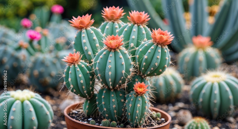 Fototapeta premium Succulent cactus plant growing in the garden with colorful flowers and green stems.