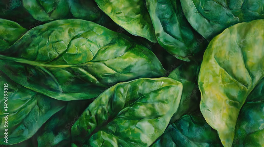 Obraz premium Vibrant Green Spinach Leaves Detailed Oil Painting Lush Texture Natural Food Healthy Organic Botanical Illustration Fresh Produce Garden Greens Close Up View Artistic Spinach Leaf 
