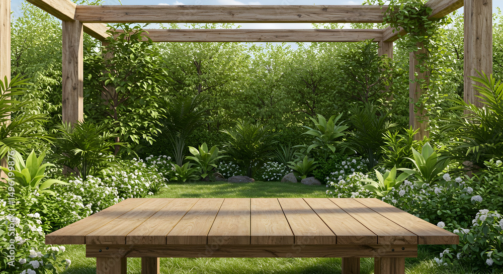 Garden, Tropical garden, Wooden table, Wooden Table in Lush Tropical Garden Garden, Tropical garden, Wooden table, Wooden Table in Lush Tropical Garden