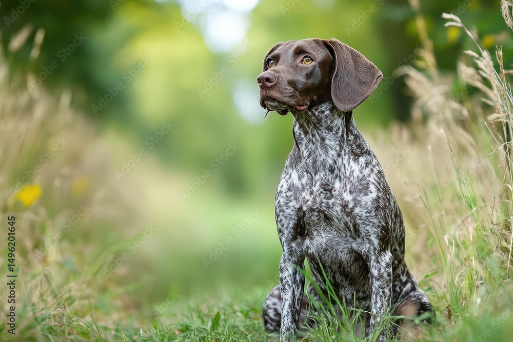 Brown and white dog sitting in grassy path Brown and white dog sitting in grassy path