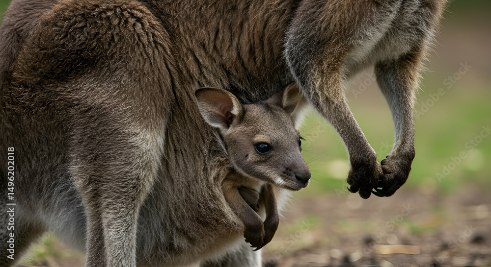 Fototapeta premium Wallaby, Joey, Kangaroo, Wallaby Joey in Mother's Pouch