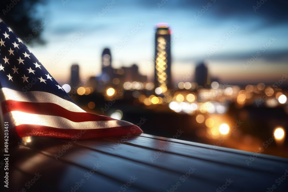 Fototapeta premium American flag with Oklahoma City skyline at sunset celebrating Independence Day, USA patriotic holiday atmosphere