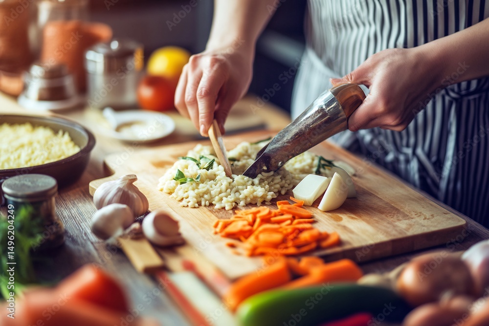 Fototapeta premium Cooking vibrant spring vegetable risotto Seasonal ingredients no text