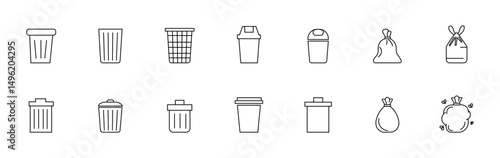Garbage Can Set – Simple Linear Icons for Trash Can and House Icon
