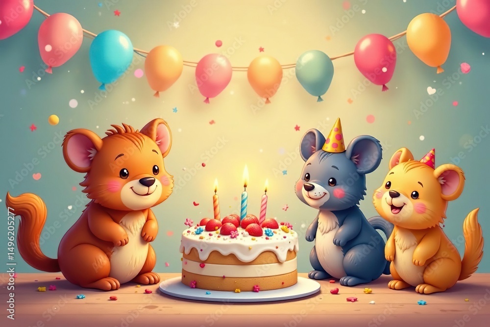 Cute cartoon animals celebrating with a birthday cake , clipart, party Cute cartoon animals celebrating with a birthday cake , clipart, party